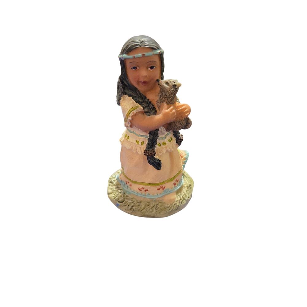 Tiny Vintage Native American Girl Figurine Cuddling Raccoon Mini 3"